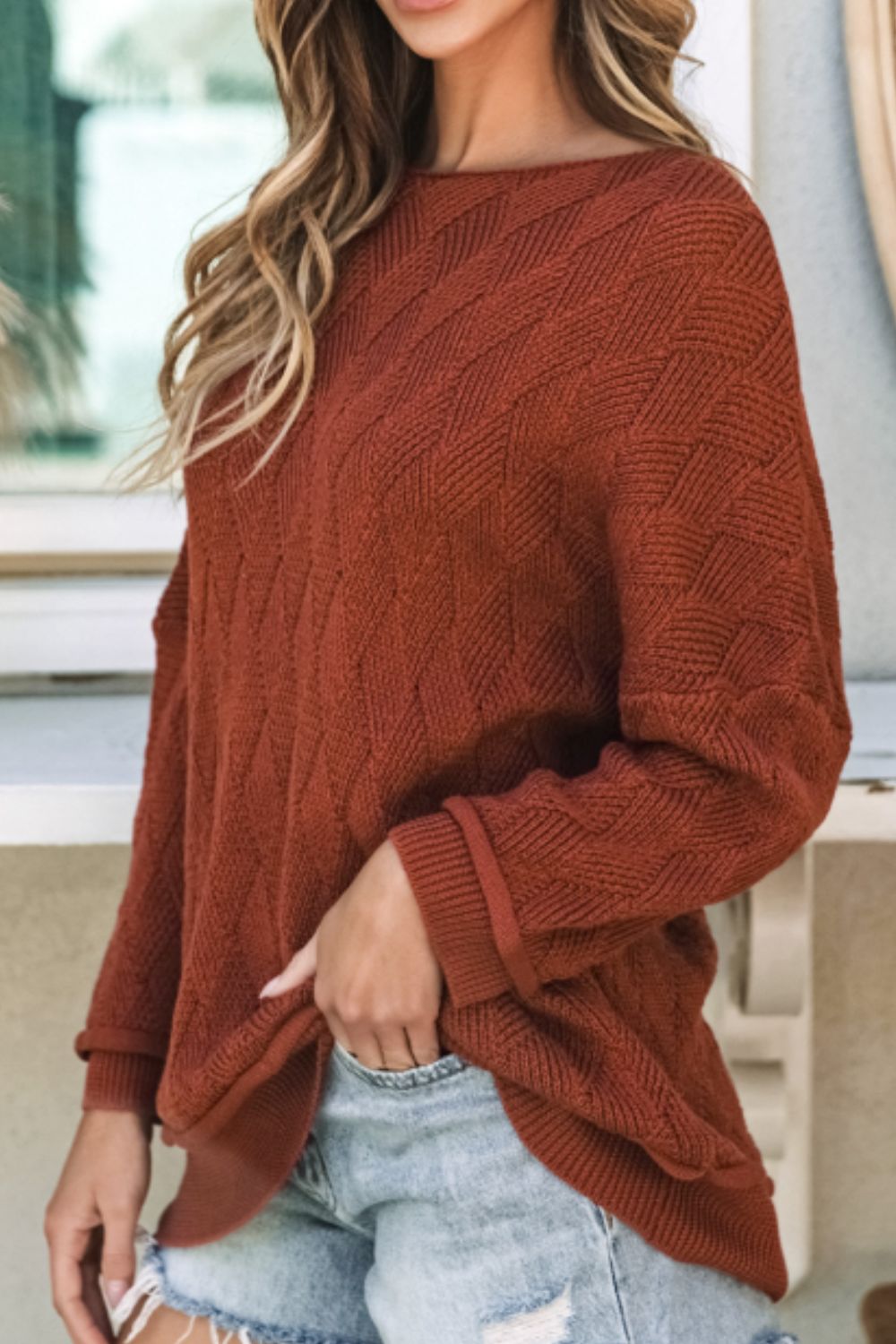 Diamond Round Neck Dropped Shoulder Sweater 