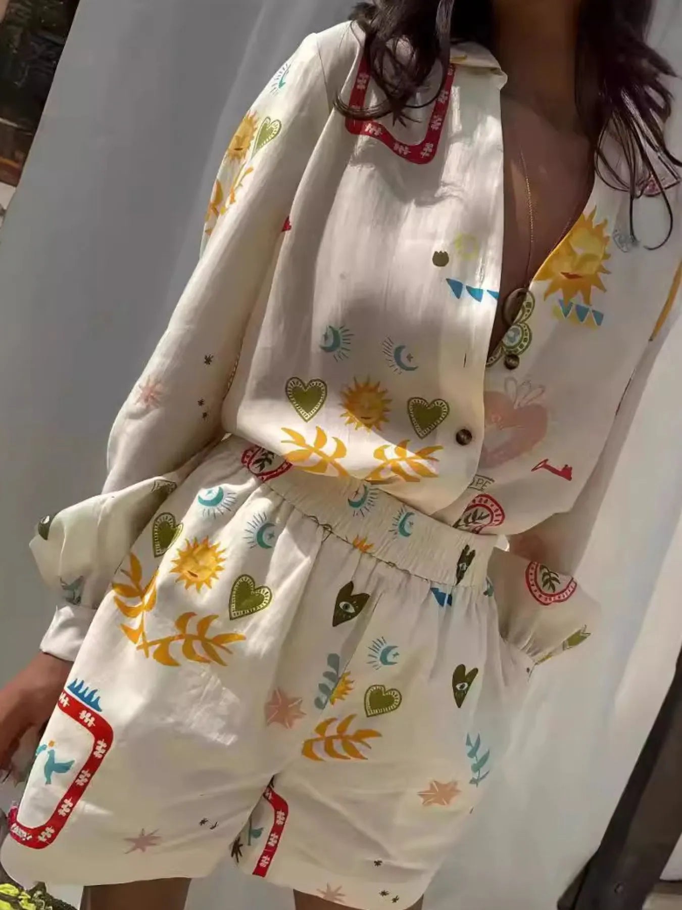 Printed Long Sleeve Shirt and Shorts Set Two Piece Dresses