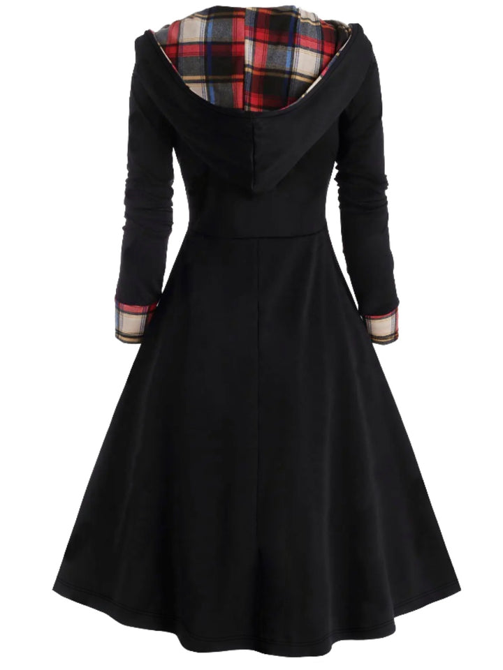 Plus Size Plaid Buttoned Long Sleeve Hooded Dress 