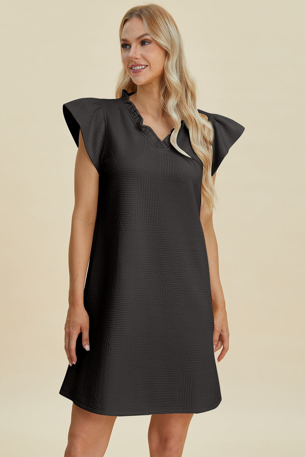 Double Take Full Size Ruffled V-Neck Cap Sleeve Dress 