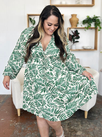 Double Take Full Size Printed Ruched Balloon Sleeve Dress 