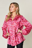 Double Take Full Size Printed Ruffle Trim Balloon Sleeve Shirt 