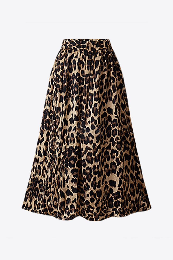 Plus Size Leopard Elastic Waist Midi Skirt 