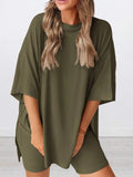 Full Size Oversized Slit Round Neck Top and Shorts Lounge Set Plus Size Lingerie & Nightwear