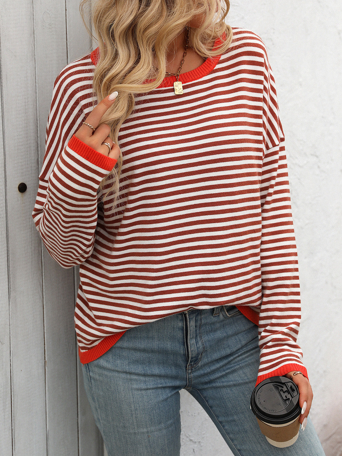 Mandy Striped Round Neck Long Sleeve Sweater 