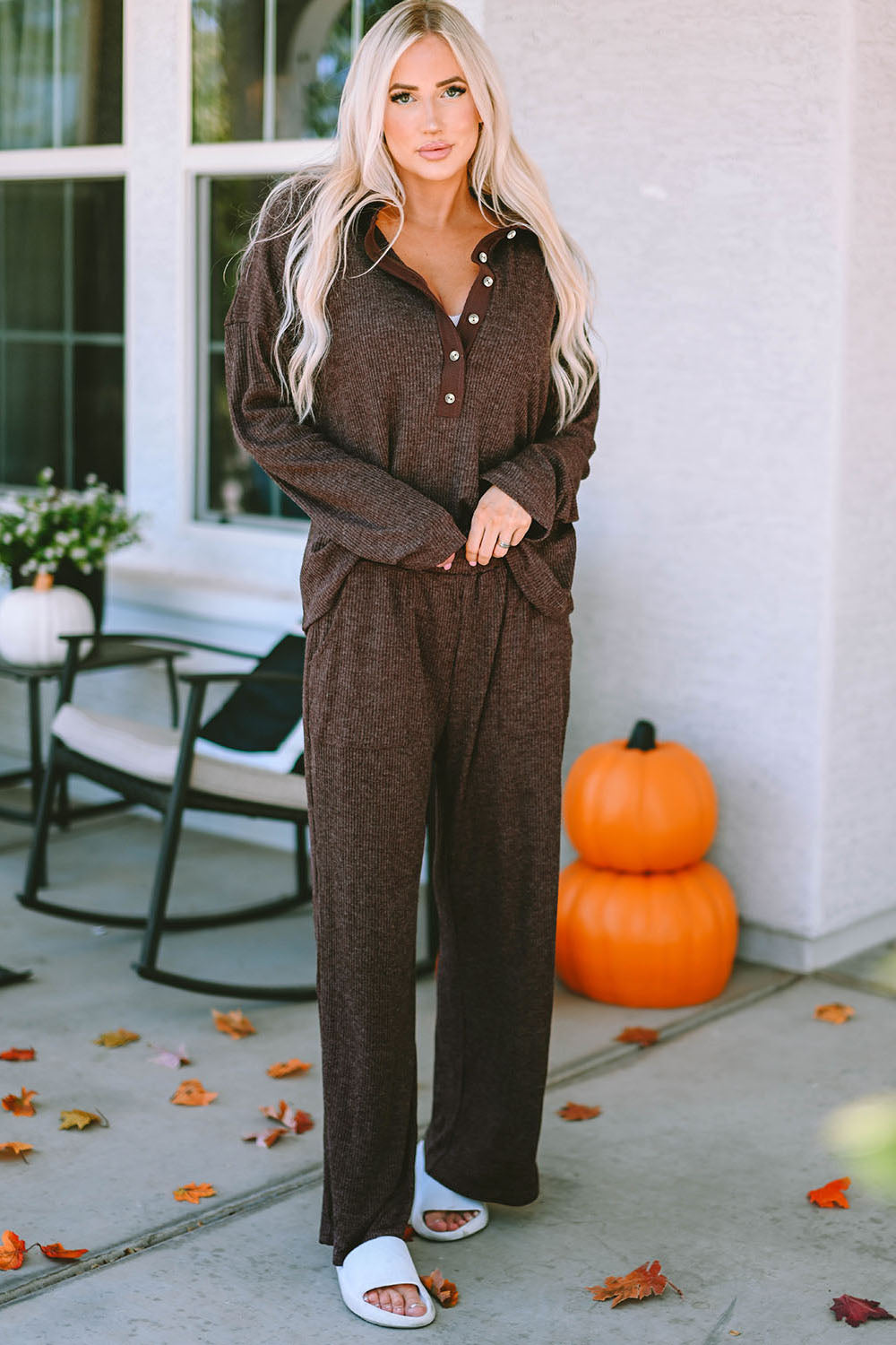 Buttoned Long Sleeve Top and Long Pants Lounge Set Lingerie & Nightwear