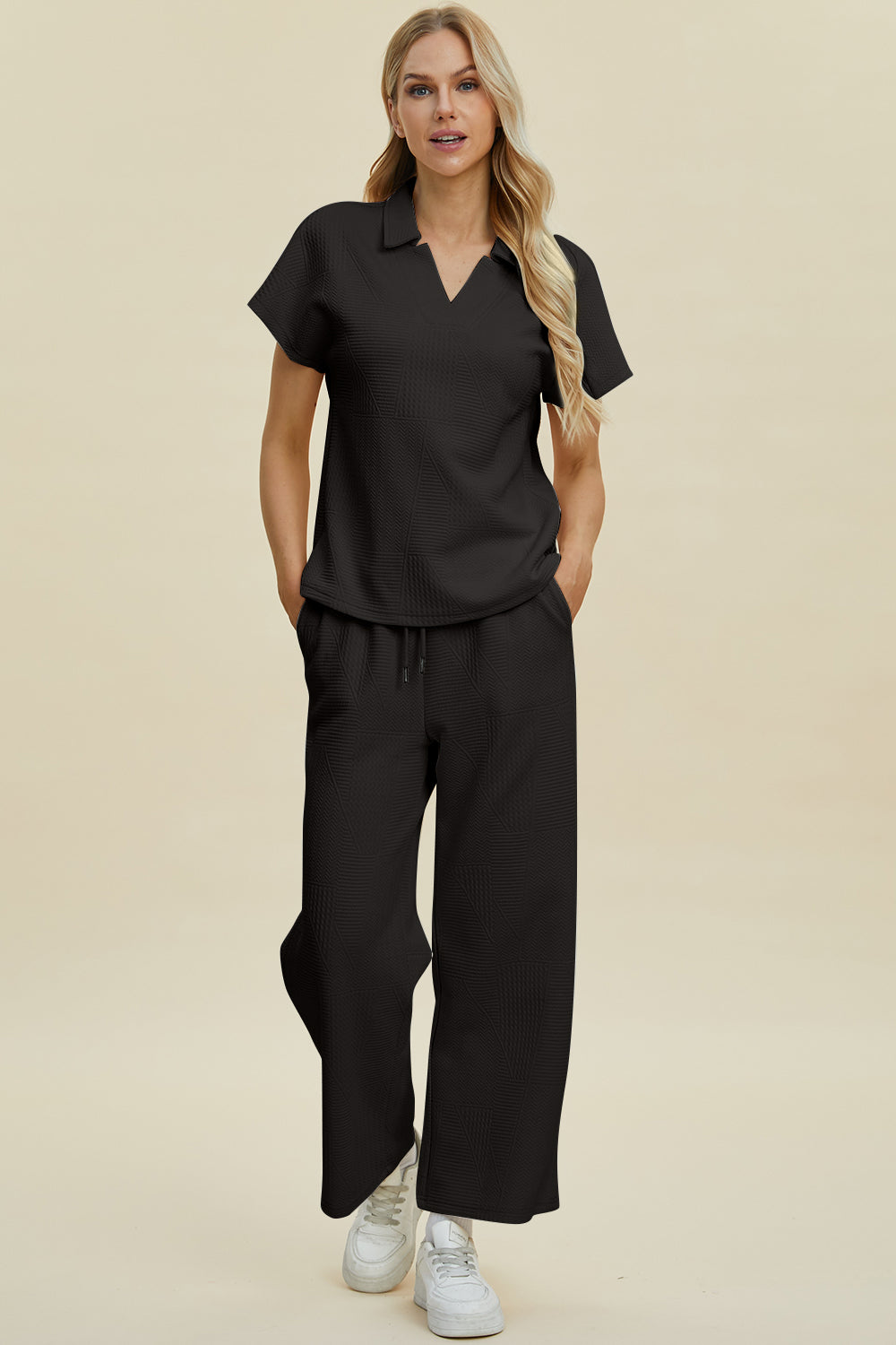 Double Take Full Size Collared Neck Short Sleeve Top and Pants Set 