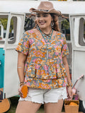 Plus Size Layered Printed Round Neck Short Sleeve Blouse 
