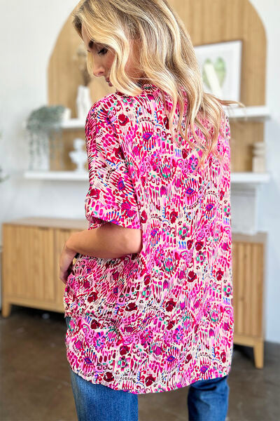 Double Take Full Size Printed V-Neck Short Sleeve Blouse 