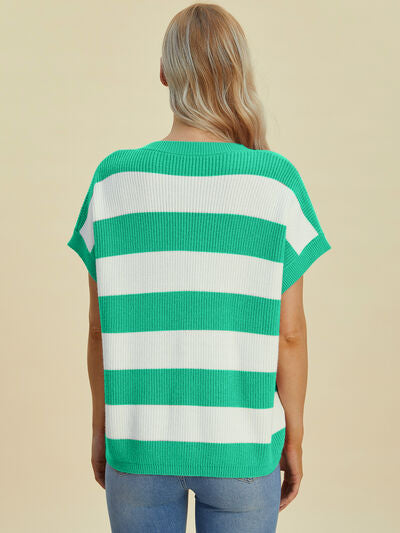 Double Take Full Size Striped V-Neck Short Sleeve Sweater 