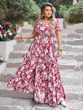 Plus Size Slit Printed V-Neck Maxi Dress 
