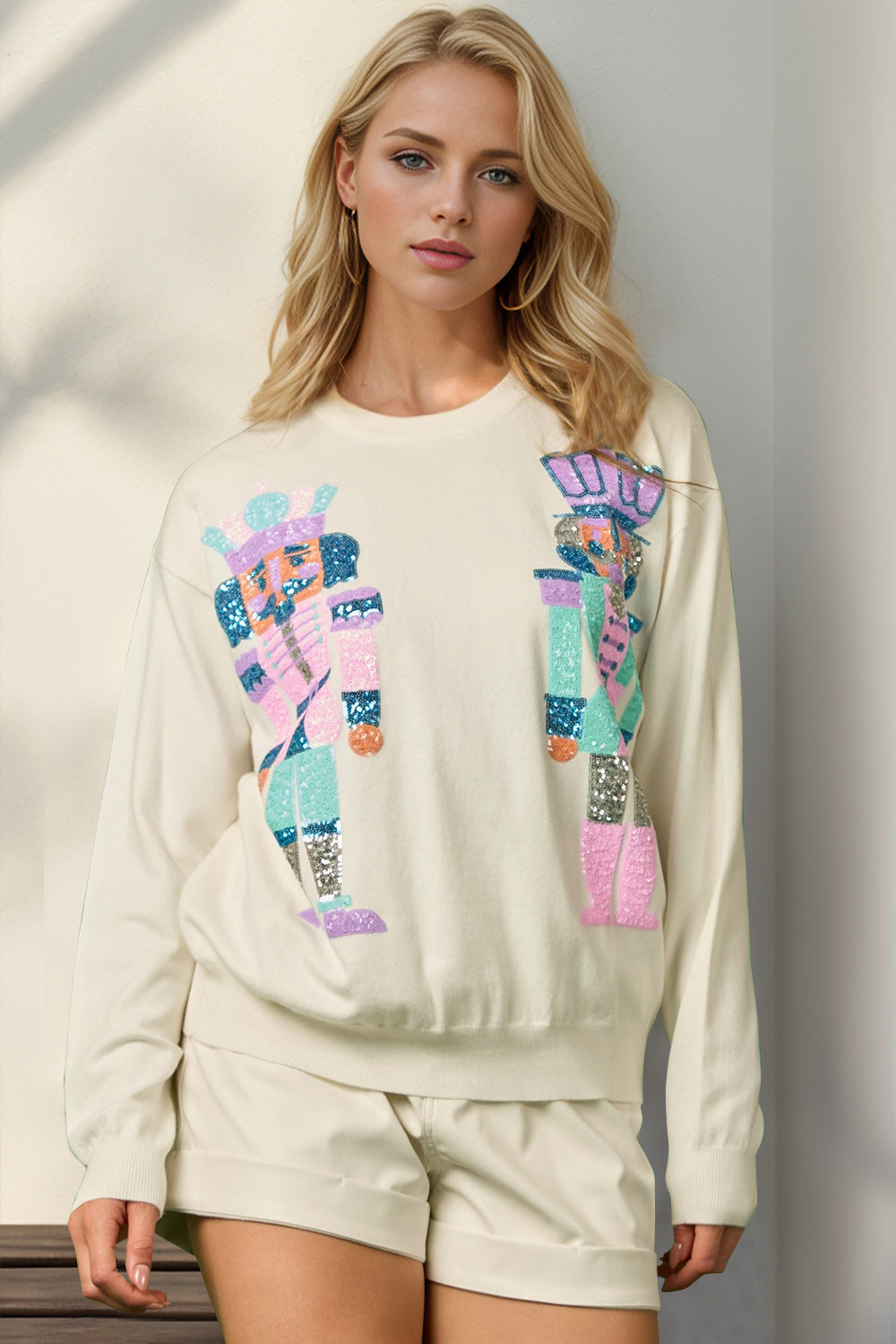 Double Take Full Size Sequin Nutcracker Long Sleeve Sweater 