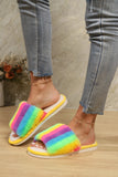 Color Block Open Toe Faux Fur PVC Slippers 