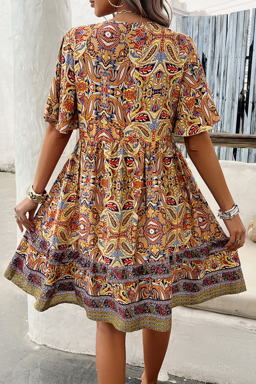 Devine Printed V-Neck Half Sleeve Mini Dress 