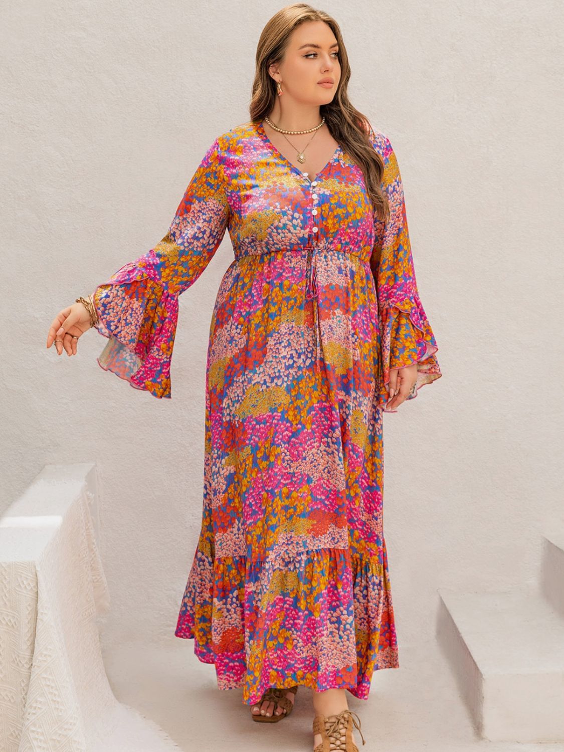 Plus Size Printed V-Neck Long Sleeve Maxi Dress 