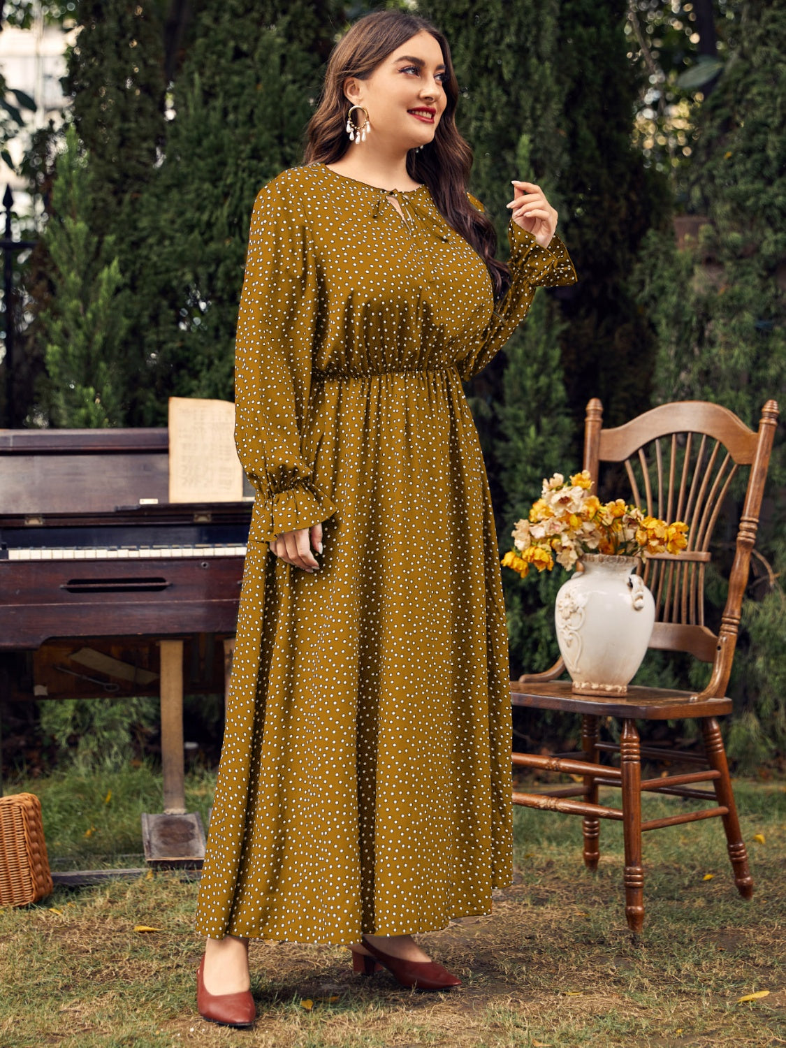 Honey Plus Size Ruffled Polka Dot Long Sleeve Midi Dress 