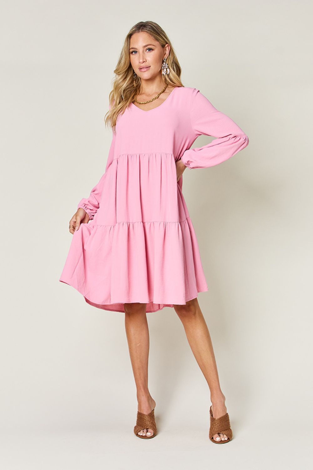 Double Take Full Size V-Neck Balloon Sleeve Tiered Dress with Pockets 