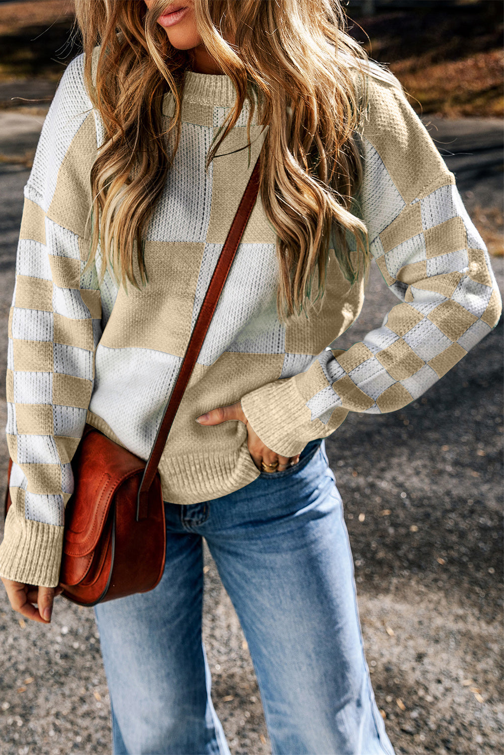 Checkered Round Neck Drop Shoulder Sweater 