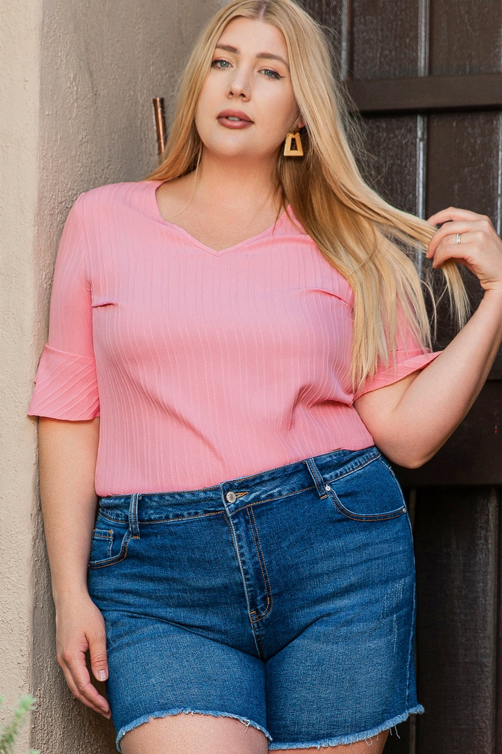 Plus Size V-Neck Half Sleeve Blouse 