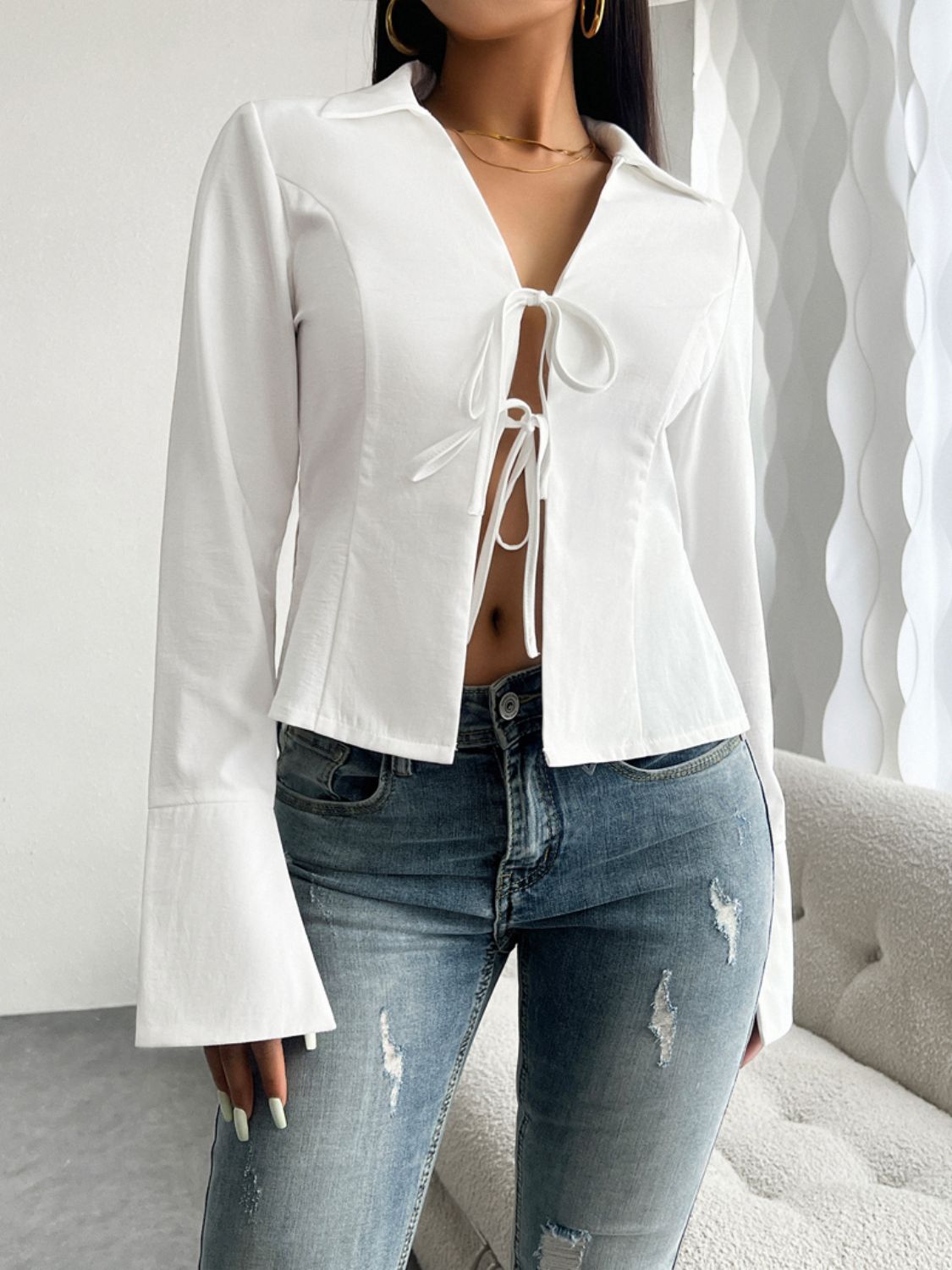 Devine Slit Tied Collared Neck Long Sleeve Blouse 