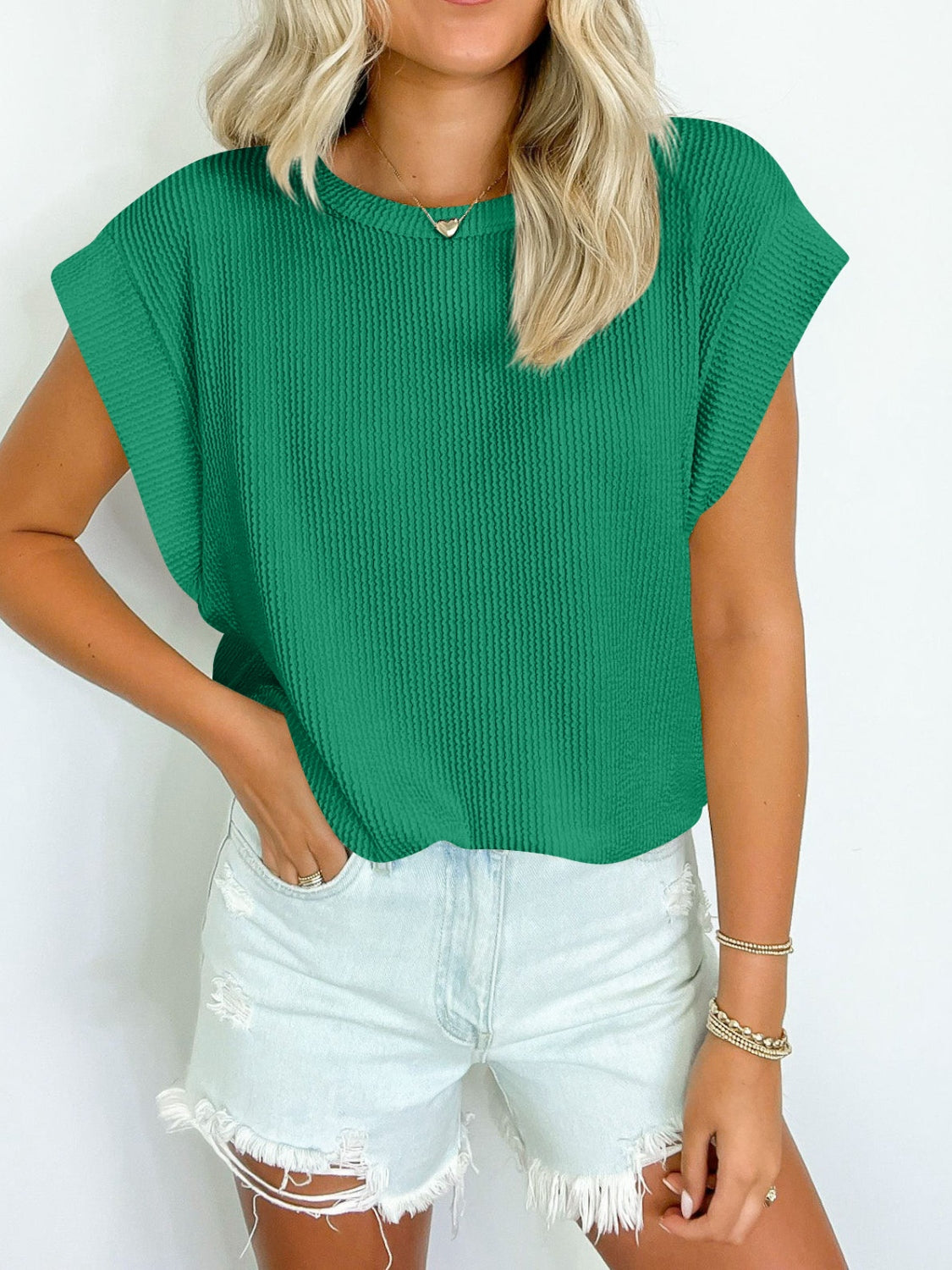 Lovelet Textured Round Neck Cap Sleeve Blouse 