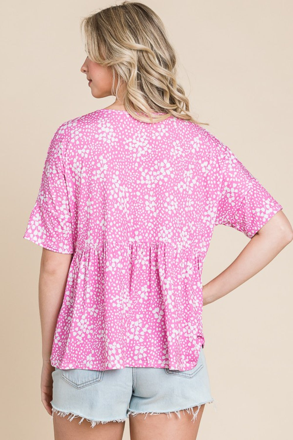 BOMBOM Floral Round Neck Peplum Blouse 