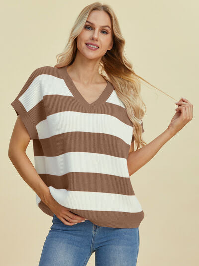 Double Take Full Size Striped V-Neck Short Sleeve Sweater 