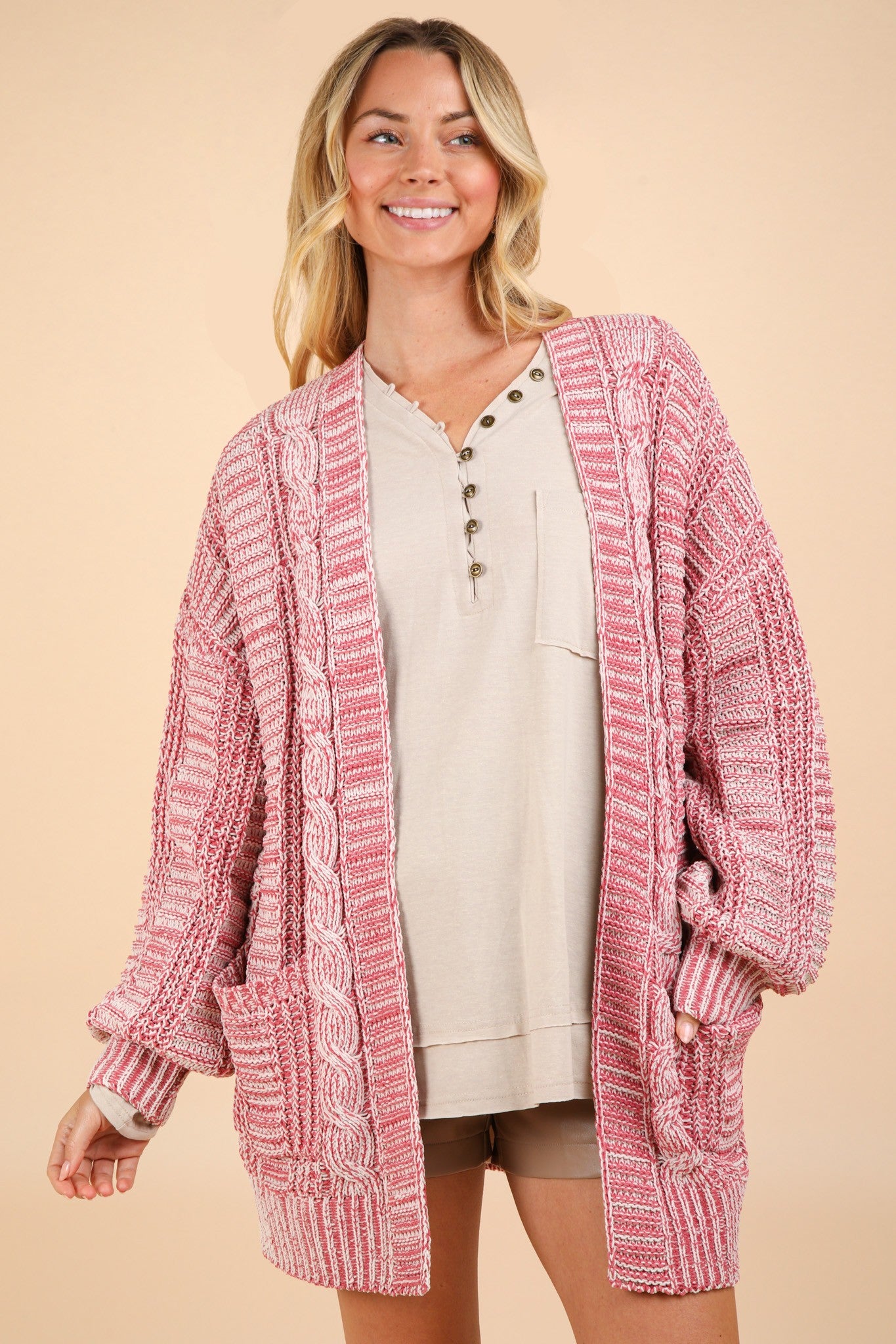 VERY J Cable Knit Open Front Cardigan 