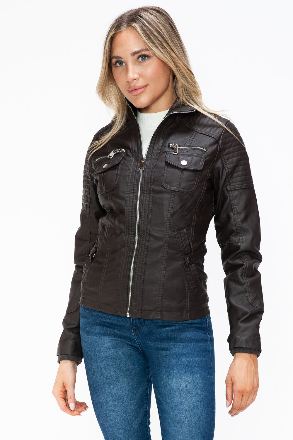 YMI Removable Faux Layered Multi-Pocket Jacket with Fuzzy Hood 