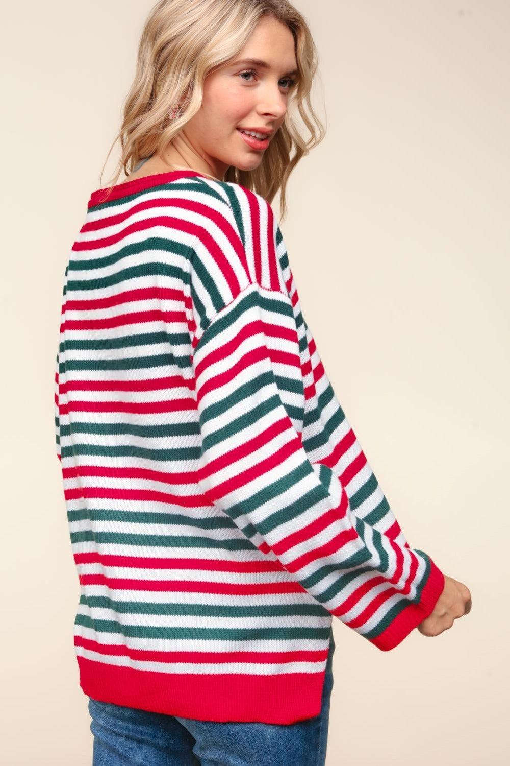 Haptics Full Size Striped Contrast Side Slit Knit Top 