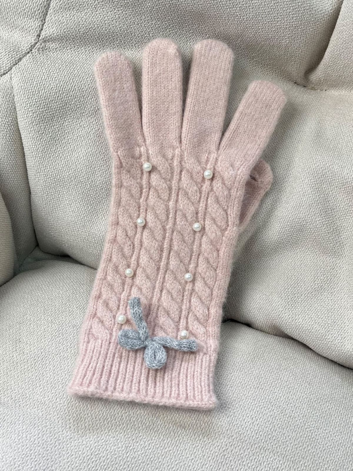 Thermal Pearl Detail Bow Five-Finger Gloves 