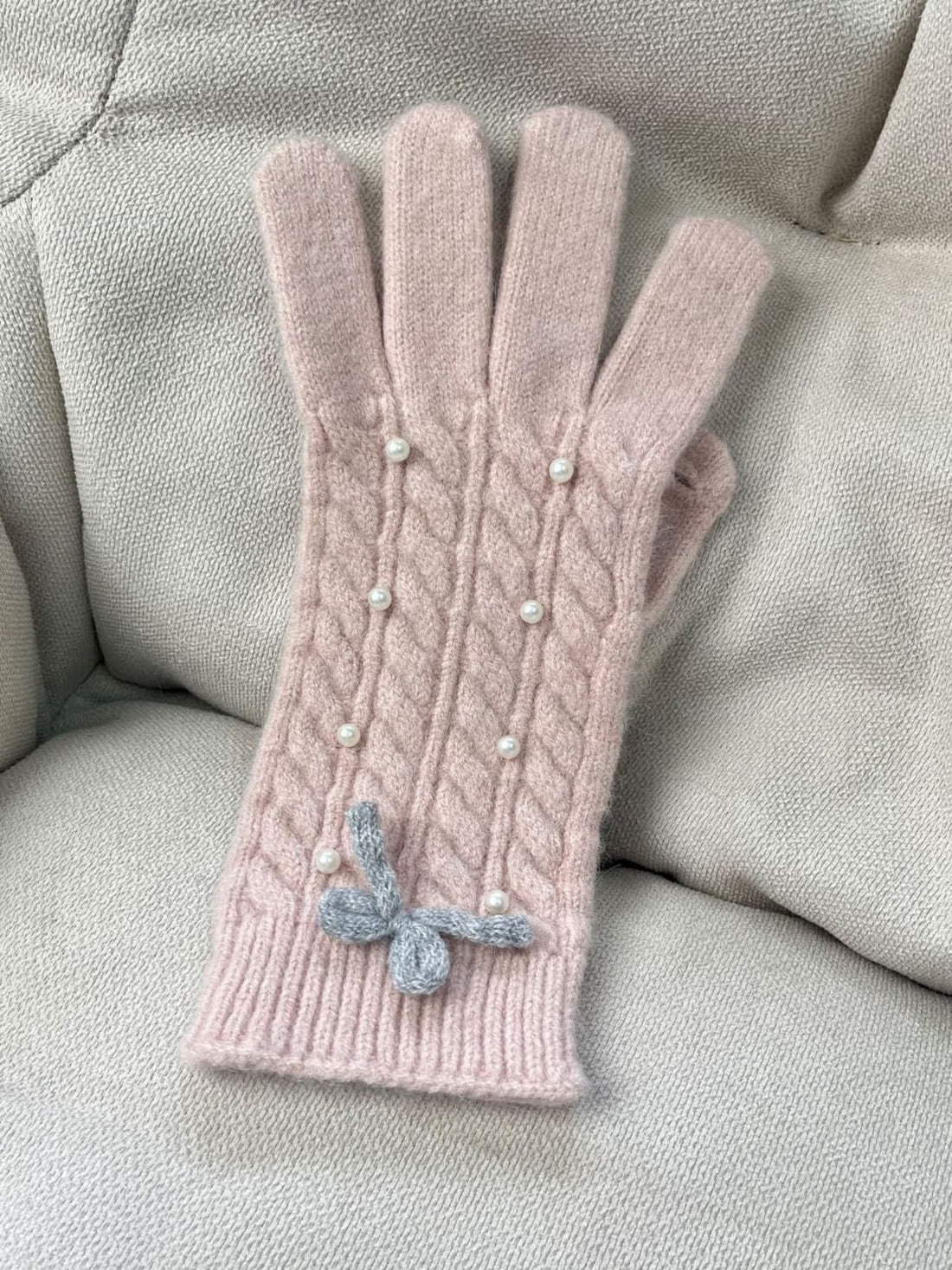 Thermal Pearl Detail Bow Five-Finger Gloves 