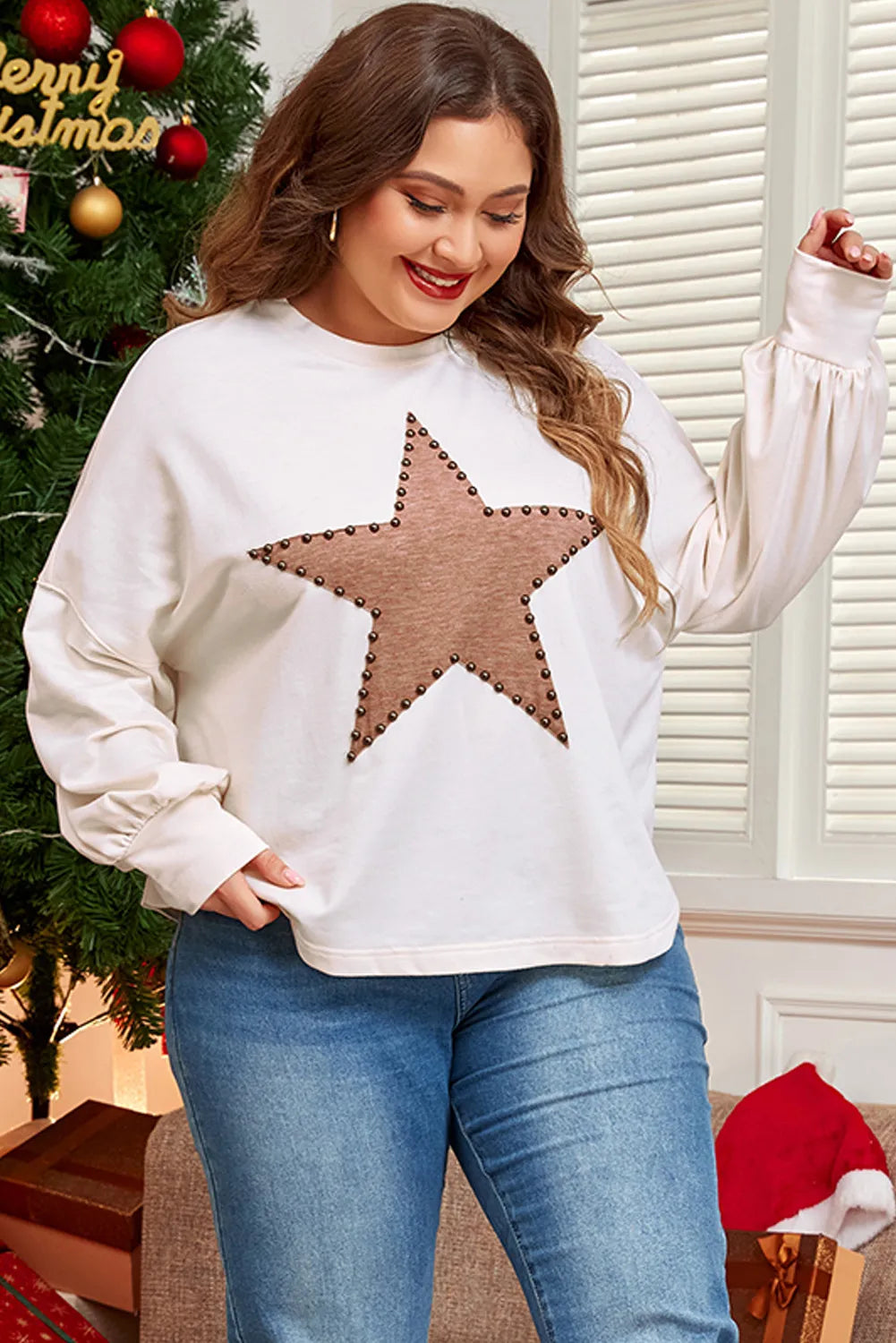 Plus Size Studded Star Round Neck Long Sleeve Blouse 
