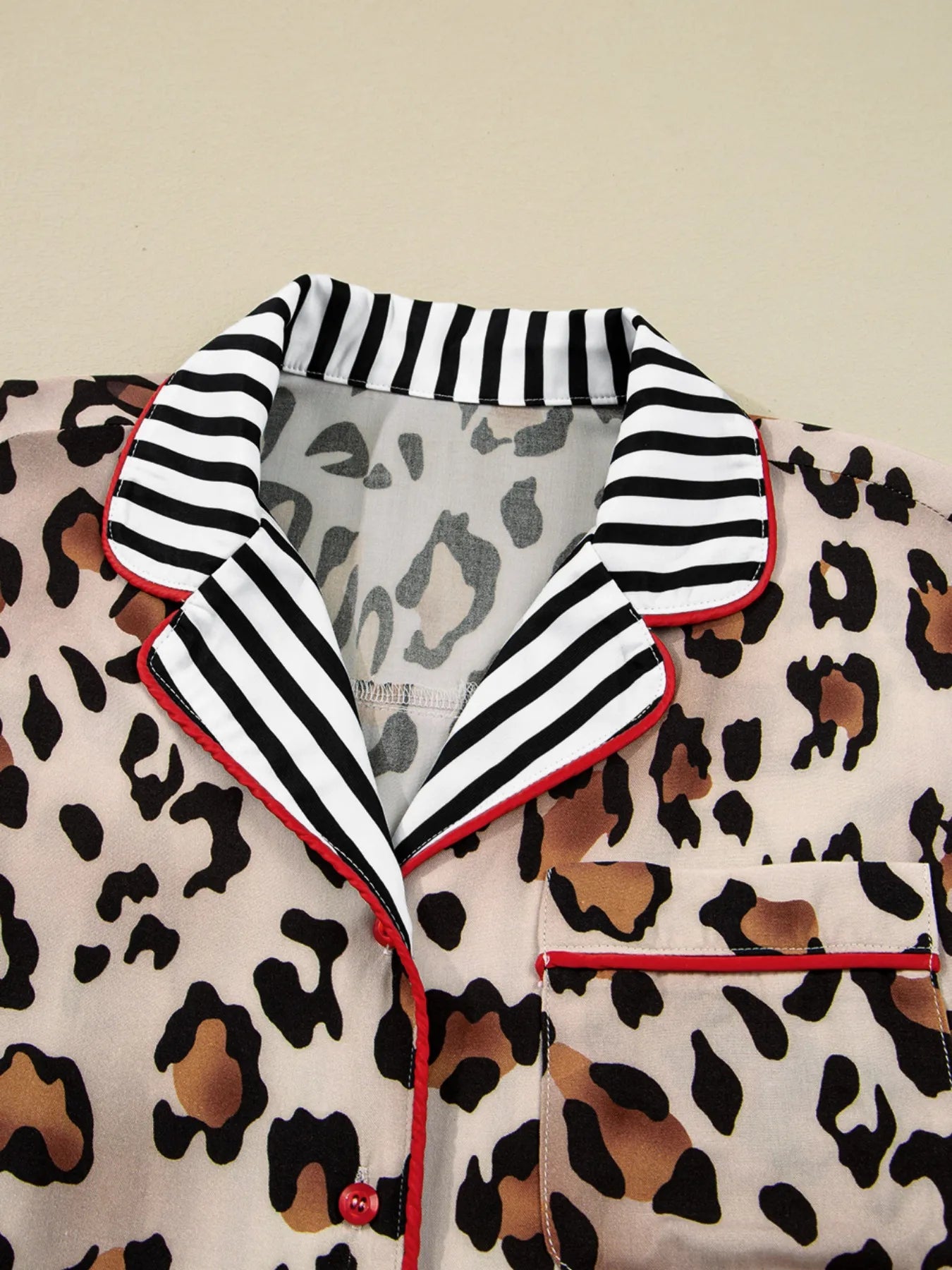 Leopard and Striped Trim Shirt and Pants Set Lingerie & Nightwear