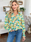 Double Take Full Size Printed Smocked Long Sleeve Blouse 