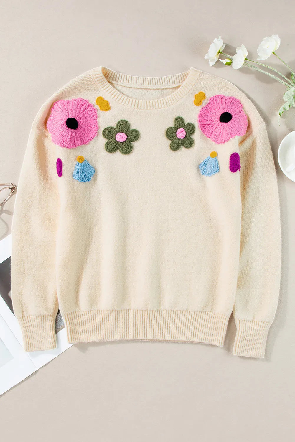 Plus Size Crochet Flower Round Neck Long Sleeve Sweater 