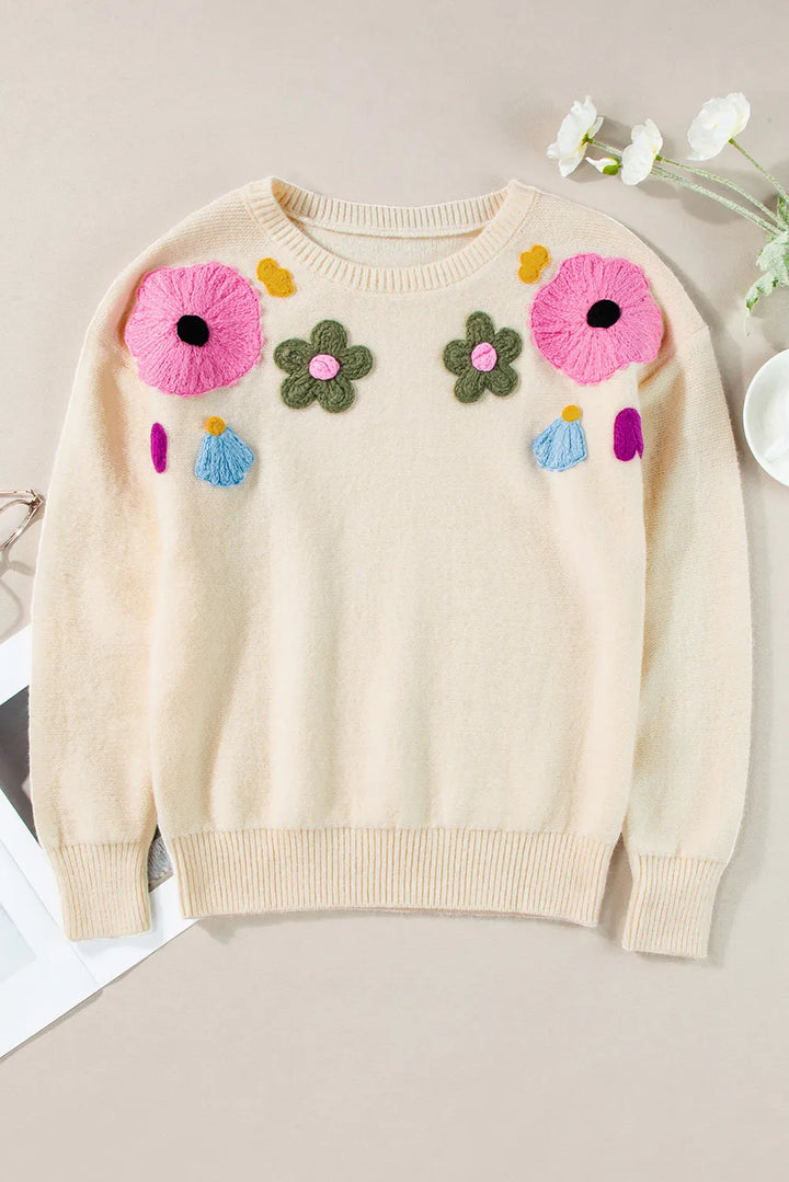Plus Size Crochet Flower Round Neck Long Sleeve Sweater 