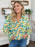 Double Take Full Size Printed Smocked Long Sleeve Blouse 