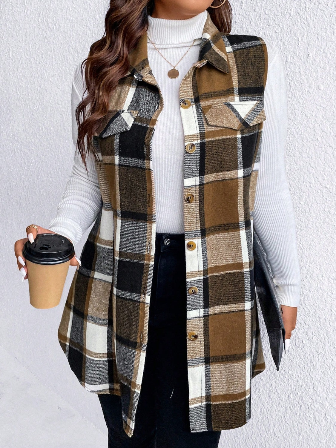 Honey Plus Size Pocketed Plaid Button Up Vest Coat 