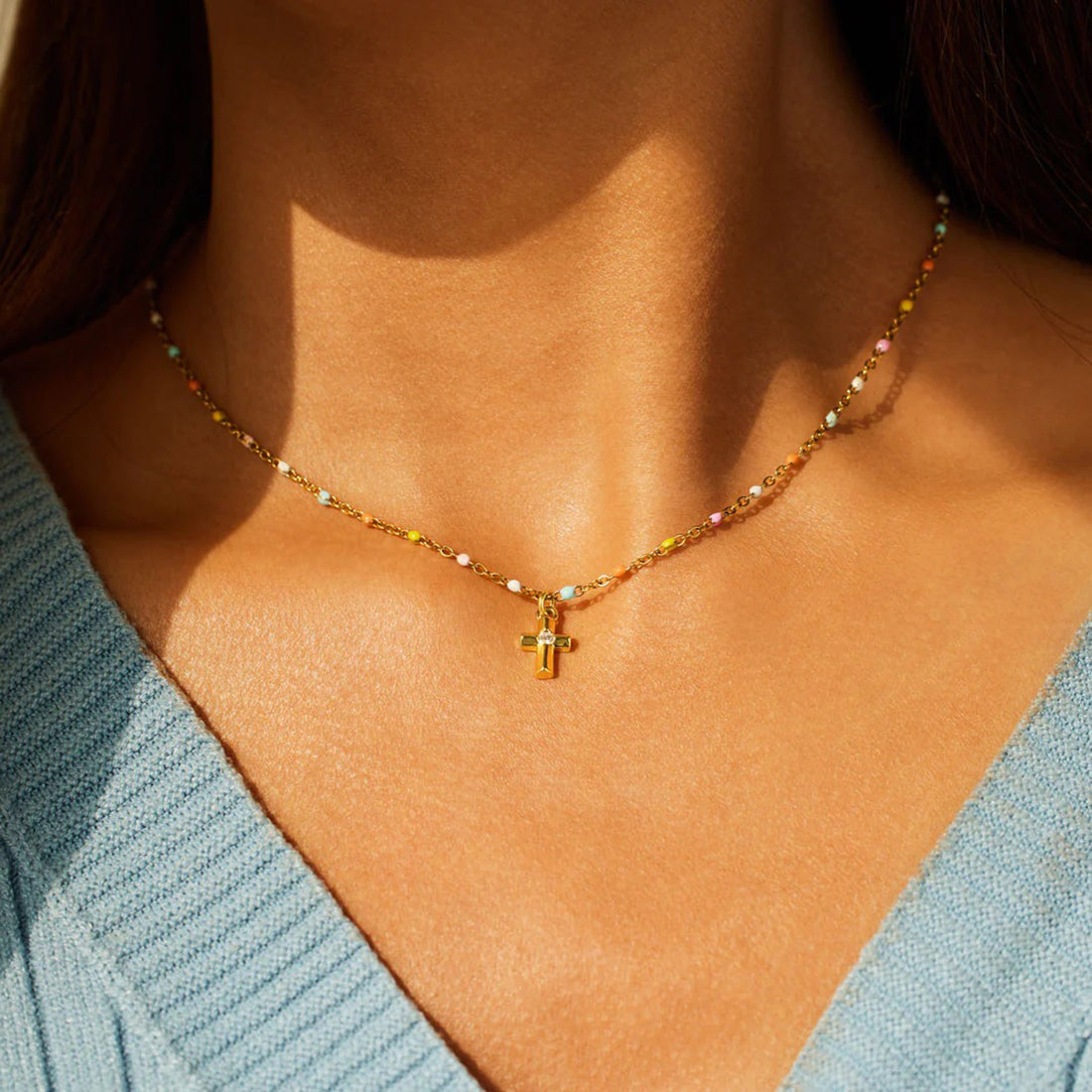 Inlaid Zircon 18K Gold-Plated Cross Bead Necklace 