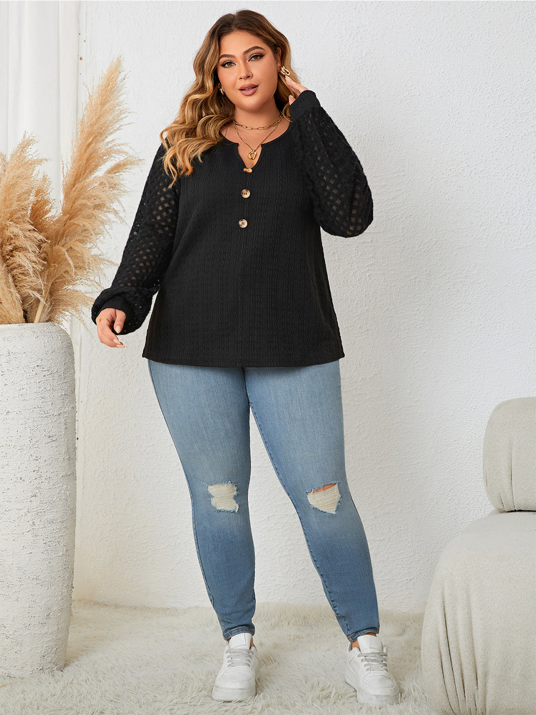 Honey Plus Size Openwork Notched Button Front Blouse 