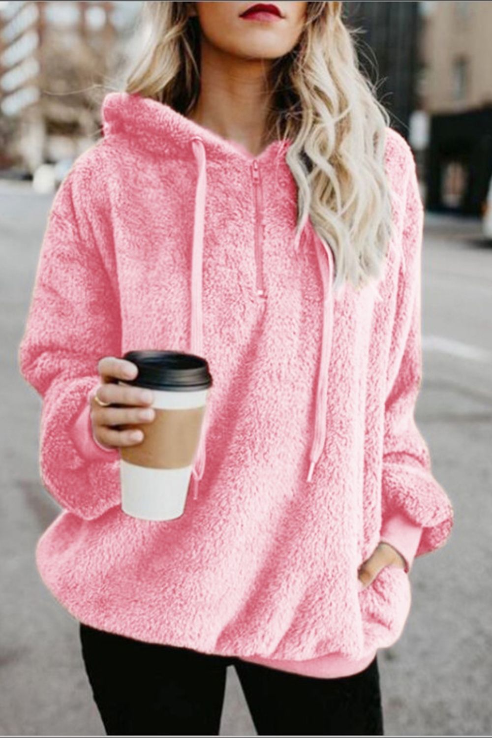 Full Size Quarter-Zip Drawstring Teddy Hoodie 