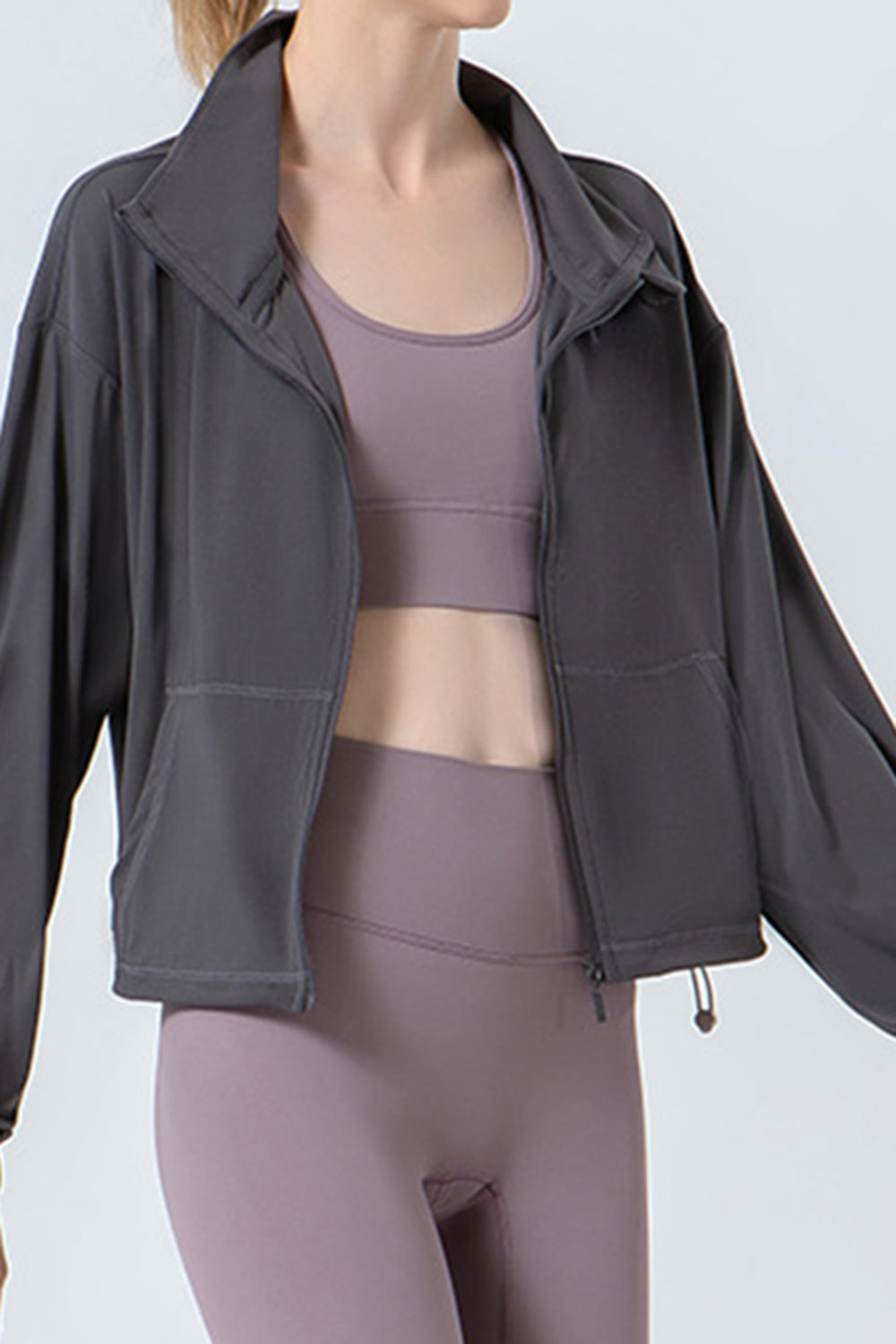 Drawstring Zip Up Dropped Shoulder Active Outerwear 