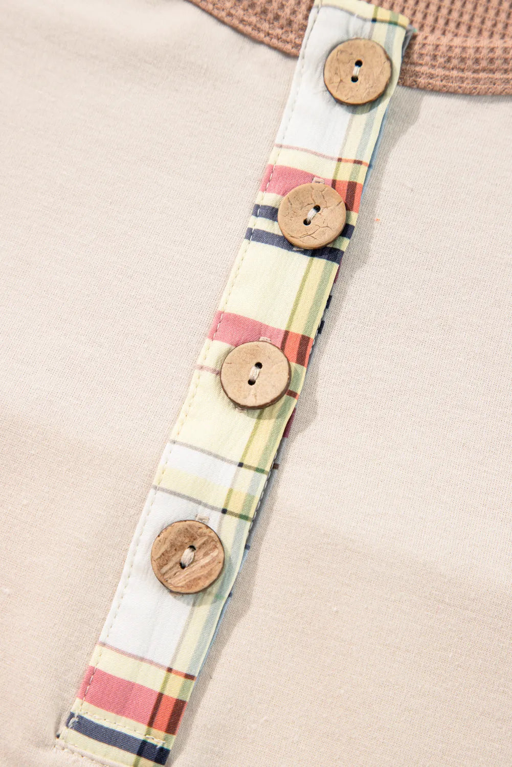 Plus Size Waffle-Knit Detail Plaid Round Neck Top 