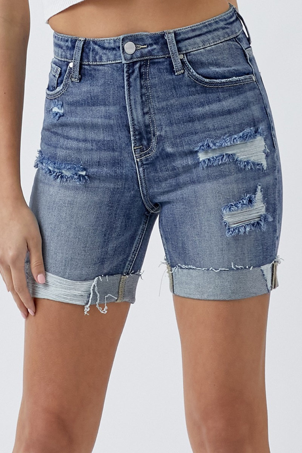 RISEN Full Size Distressed Rolled Denim Shorts with Pockets 