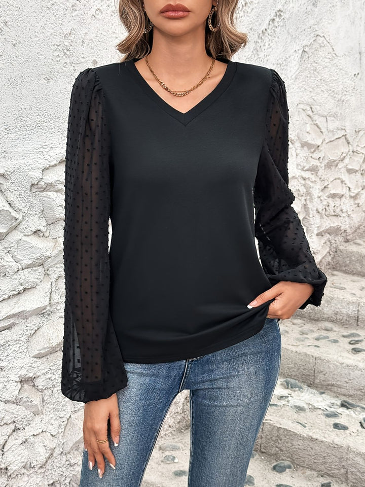 Full Size V-Neck Swiss Dot Long Sleeve Blouse 