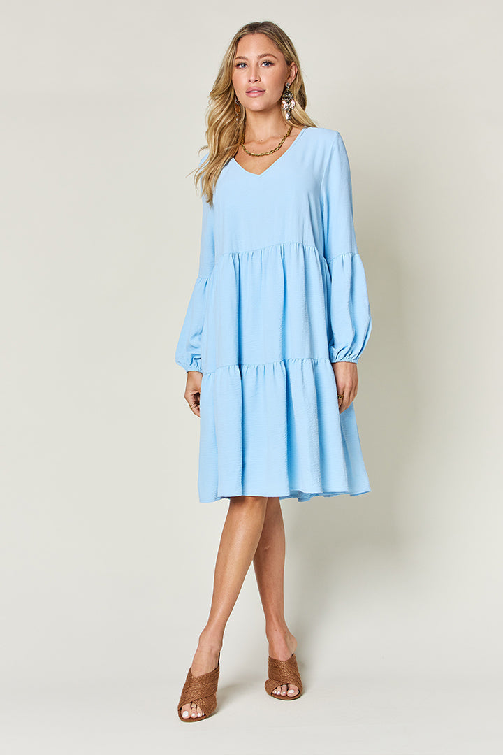 Double Take Full Size V-Neck Balloon Sleeve Tiered Dress with Pockets 