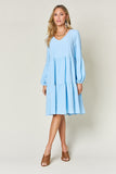 Double Take Full Size V-Neck Balloon Sleeve Tiered Dress with Pockets 