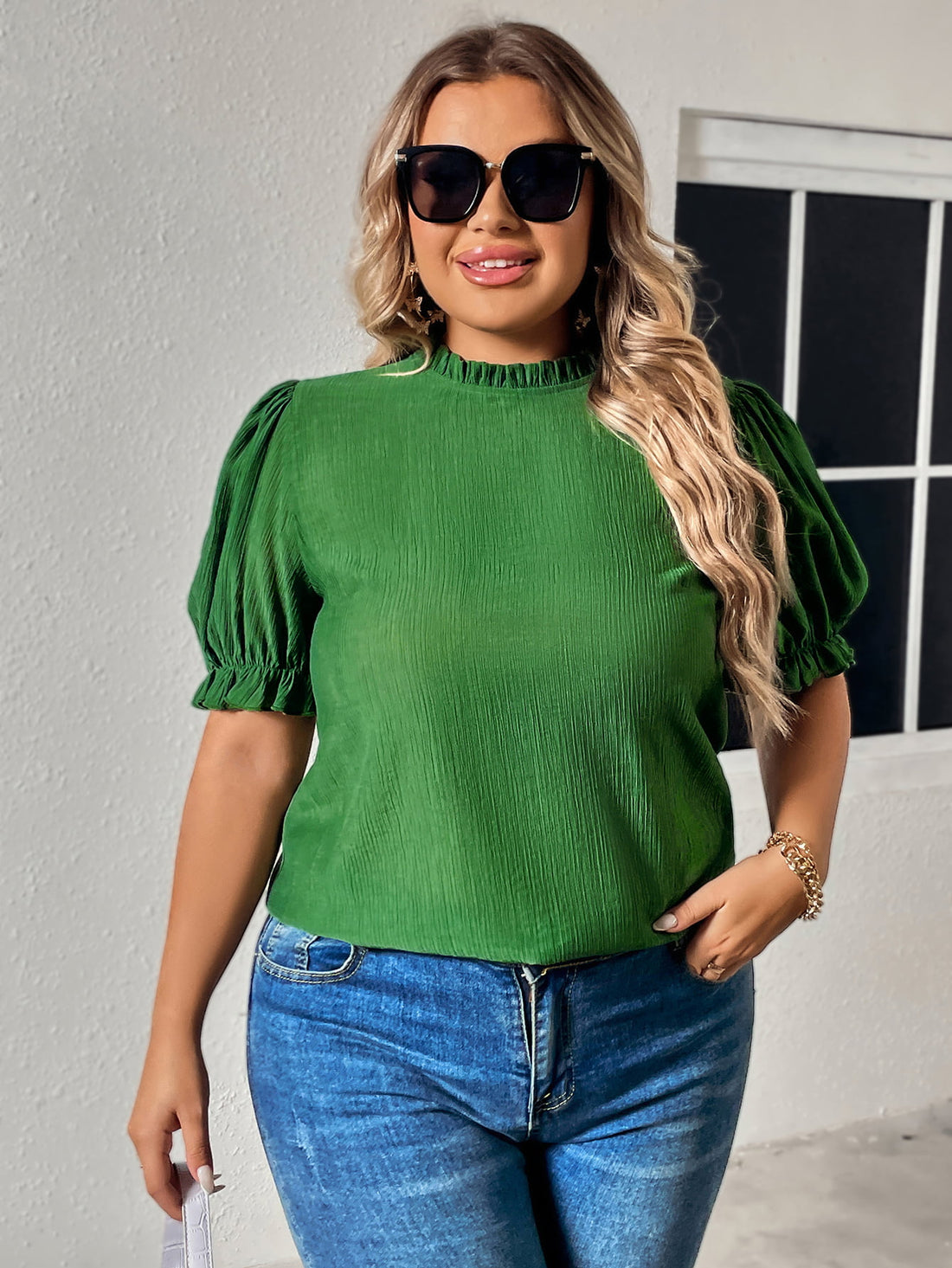 Honey Plus Size Round Neck Flounce Sleeve Blouse 