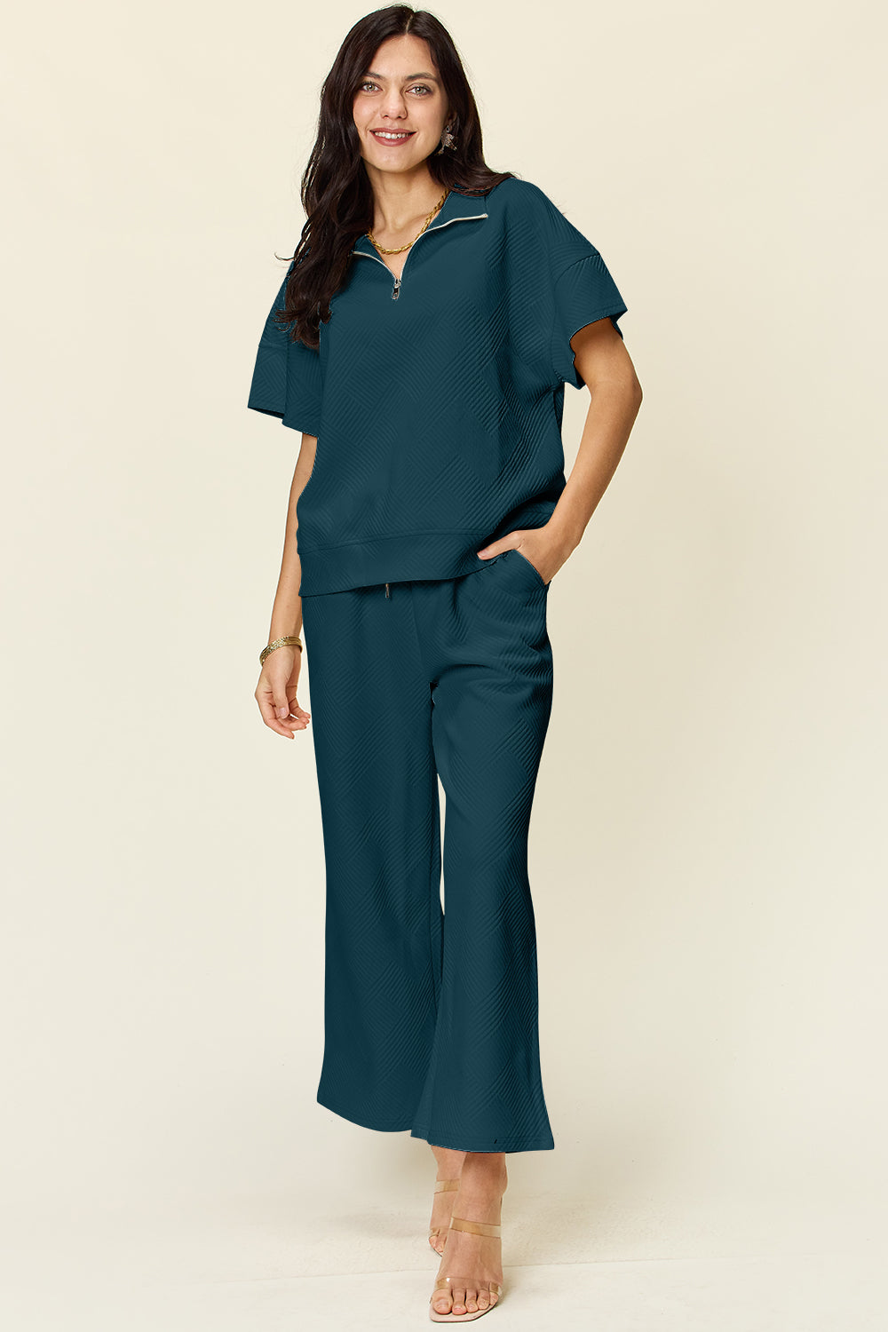 Double Take Full Size Texture Half Zip Short Sleeve Top and Pants Set 